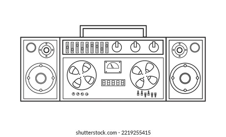 Old retro vintage music cassette tape recorder with magnetic tape on reels and speakers from the 70s, 80s, 90s. Black and white icon. Vector illustration