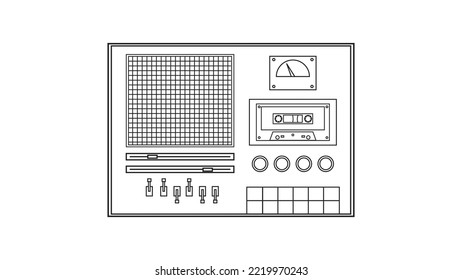 Old retro vintage music cassette tape recorder with magnetic tape on reels from the 70s, 80s, 90s. Black and white icon. Vector illustration