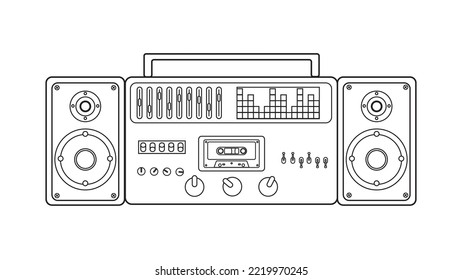 Old retro vintage music cassette tape recorder with magnetic tape on reels from the 70s, 80s, 90s. Black and white icon. Vector illustration