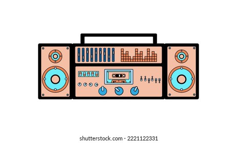 Old retro vintage music cassette tape recorder with magnetic tape on reels and speakers from the 70s, 80s, 90s. Beautiful icon. Vector illustration