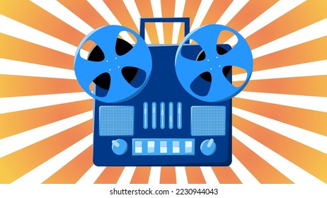 Old retro vintage music cassette tape recorder with magnetic tape babbin on reels and speakers from the 70s, 80s, 90s against the background of the orange rays of the sun. Vector illustration