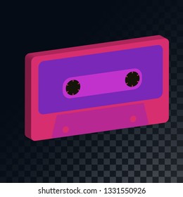 An old retro vintage musical film audio cassette from the 70s, 80s, 90s on a translucent dark checkered gray square background. Vector illustration.