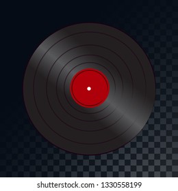 An old retro vintage musical round vinyl record from the 70s, 80s, 90s on a translucent dark checkered gray square background. Vector illustration.