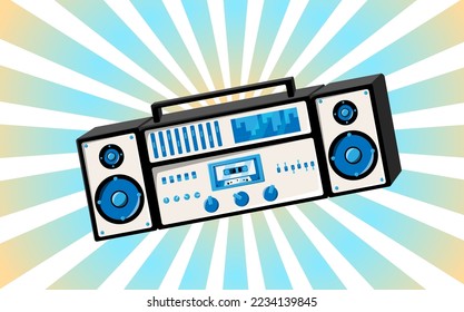 Old retro vintage poster with music cassette tape recorder with magnetic tape babbin on reels and speakers from the 70s, 80s, 90s the background of the blue rays of the sun. Vector illustration