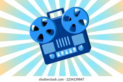Old retro vintage poster with music cassette tape recorder with magnetic tape babbin on reels and speakers from the 70s, 80s, 90s the background of the blue rays of the sun. Vector illustration