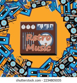 Old retro vintage square frame poster with audio music equipment vinyl dj board with sliders and cranks and buttons from the 70s, 80s, 90s against the background. Vector illustration