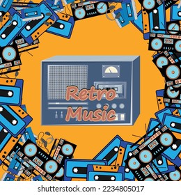 Old retro vintage square poster with music cassette tape recorder with magnetic tape babbin on reels and speakers from the 70s, 80s, 90s the background. Vector illustration