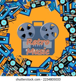 Afiche cuadrado antiguo retro vintage con grabadora de cinta de música con papelera magnética en carretes y altavoces de los años 70, 80, 90 al fondo. Ilustración del vector