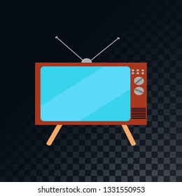 An old retro vintage TV on legs from the 70s, 80s, 90s on a translucent, dark, checkered gray square background. Vector illustration.