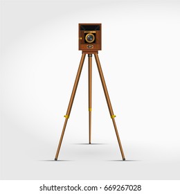 Old Retro Wooden Photo Camera on a Tripod. 3D Realistic Vector Illustration. Accordion Century Antique Studio Camera & Stand.