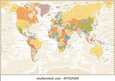 Old retro World Map with lakes and rivers. Highly detailed vector illustration of large political World Map.