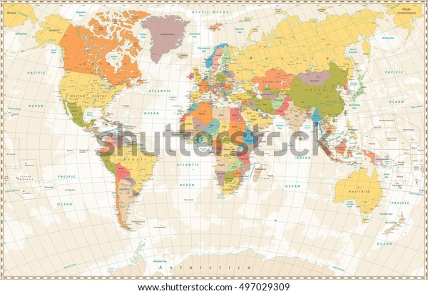 古いレトロな世界地図と湖と川 大きな政治世界地図の詳細なベクターイラスト のベクター画像素材 ロイヤリティフリー