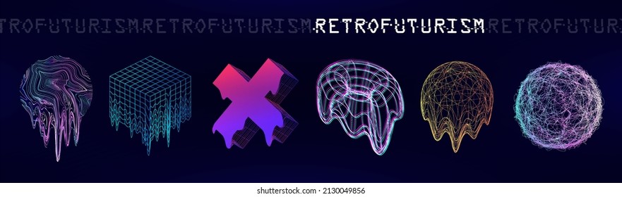 Old retrowave 3D trendy shapes. Retrofuturistic circle glitch and fluid effects. Holographic illuminated shapes from 80s-90s Vaporwave, synthwave concept for Merch or T-shirt. Vector glitch elements