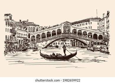 Puente del Viejo Rialto sobre el Gran Canal de Venecia. Dibujo de vectores.