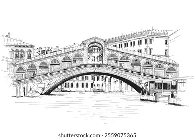 Old Rialto Bridge over the Grand Canal in Venice. Vector drawing.