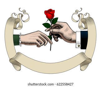 Old ribbon banner, hands of man and woman with red rose. Retro style valentine greeting card design. Vintage color engraving stylized drawing. Vector 

illustration