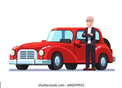 Old rich billionaire aristocrat man standing next to his own expensive luxury retro car. Flat style vector character illustration isolated on white background.