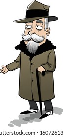 Old rich man with hat coat and caing extending hand