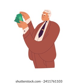 Viejo hombre rico. Carácter adinerado en el conteo de trajes, dinero en efectivo. Personas mayores, empresario con billetes en dólares, billete en manos. Ilustración vectorial plana aislada en fondo blanco