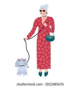 Old Rich Woman In Red Long Dress With Flowers. Senior Elegant Female Character With Poodle Dog. Cartoon Pet. Fashion Vector Illustration.