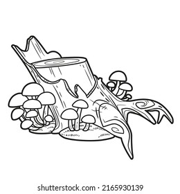 Old rickety stump with toadstools and moss linear drawing for coloring isolated on white background
