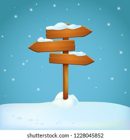 Old rickety wooden signpost covered with snow on the snowy ground. Three arrow shaped planks pointing in different directions.  Blue background with falling snowflakes. Winter season sign. Vector.