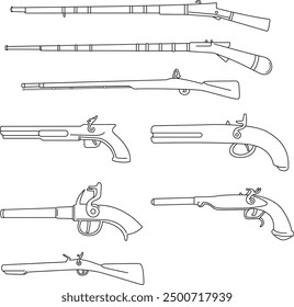 Old Rifles set, weapons illustrations, Hand drawn in thin line style
