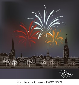 Old Riga, the capital of Latvia. Festive view of an old European city with fireworks.