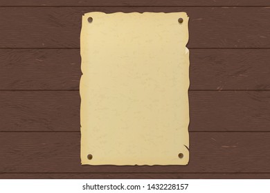 Old ripped brown paper poster nailed to a wooden wall