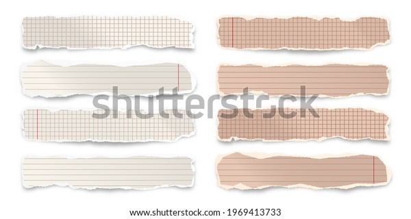 Old ripped paper strips\
isolated on white background. Realistic crumpled paper scraps with\
torn edges. Lined shreds of notebook pages. Vector\
illustration.