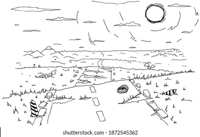 Old road landscape far view cartoon line drawing, vector, horizontal, black and white
