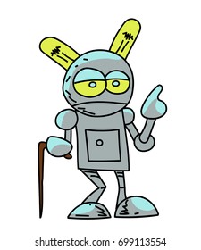 Old robot cartoon hand drawn image. Original colorful artwork, comic childish style drawing.