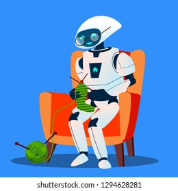 Old Robot With Glasses Knitting A Sock Vector. Isolated Illustration