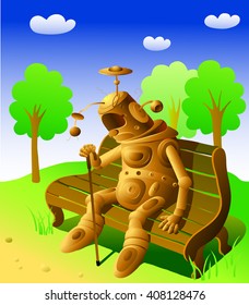 Old robot is sitting on a park bench. He is tired and is resting.