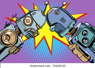 Old robot vs new. Pop art retro vector vintage illustrations