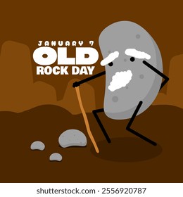 Old Rock Day to celebrate on January 7th. Illustration of an old stone grandfather holding a walking stick.