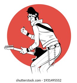 Old rocker with electric guitar in sketch style on red background. Vector illustration.