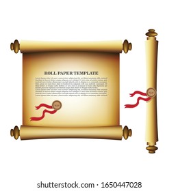 Ilustración vectorial de papel de rollo antiguo. Folleto de papel retro vintage con sello