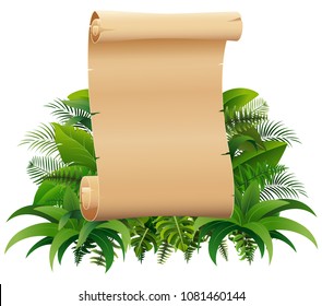 Old rolled up paper scroll on the leaves