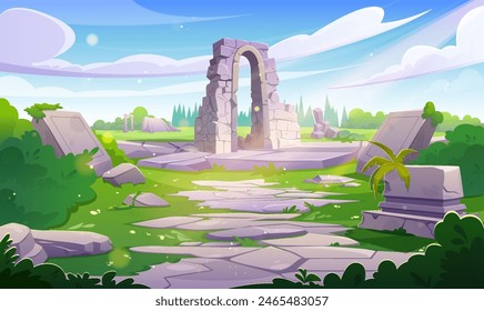 Old roman ancient ruin background. Greek arch of broken building or monument vector bg. Greece history architecture illustration. Antique palace classic garden landscape in summer. Medieval banner