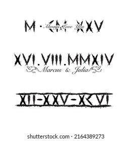 Old roman letters and numbers isolated on white background. Grunge ink blots ancient dates text