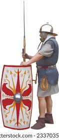 Old Roman warrior armed with spear and shield. Vector image.
