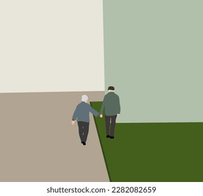 Old romantic couple holding hand walking on city street. Two senior lovers spend time together. Happy grandparents walk.