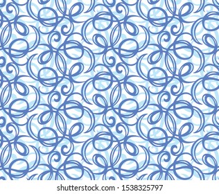 Old romantic cyan round whirl ribbon thread loop bow knot openwork textile on light cobalt fond. Dark navy linear curly sketch drawing in art retro curlicue doodle tileable classic whorl deco style