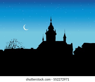 Old romantic downtown place with medieval homes. Spring nightfall scene. Black ink hand drawn picture in art retro engraving graphic style with space for text on blue nighttime sky backdrop