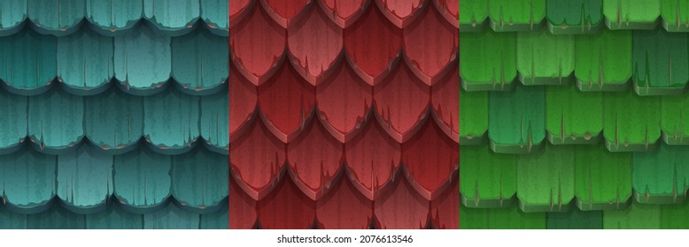 Old roof tile textures, traditional house cover with color wooden tiles. Vector cartoon set of seamless patterns of buildings rooftop structure for game interface