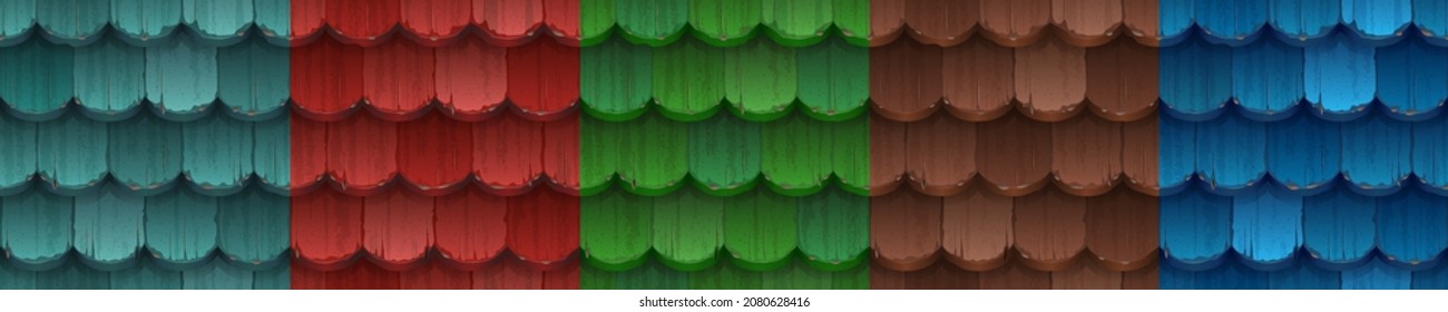 Old roof tile textures, traditional house cover with rounded wooden tiles. Vector cartoon set of seamless patterns of red, blue, green and brown rooftop of buildings