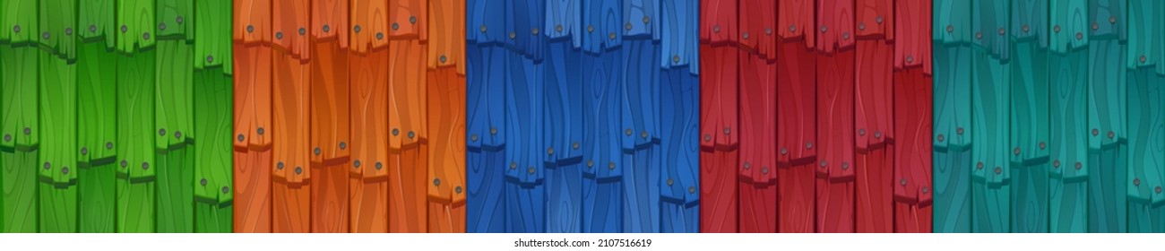 Old roof tile or wooden wall textures, traditional house cover with color boards. Vector cartoon set of seamless patterns of buildings rooftop structure, timber planks with nails