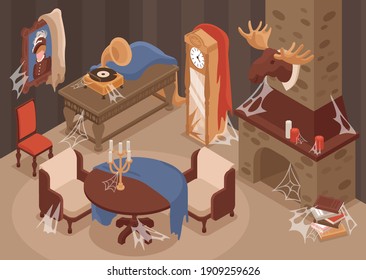 Old Room Interior With Old Furniture Fireplace And Decorations Isometric Vector Illustration