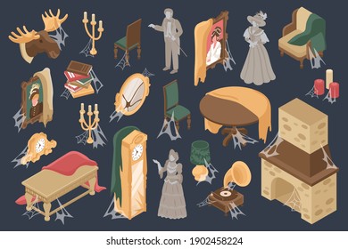 Old room interior set with old furniture and decorations isometric isolated vector illustration